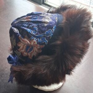Elegant Chinese Brocade Handmade Blue and Brown Fox Fur-Trimmed Women's Hat S